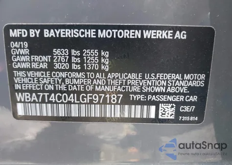 2020 BMW 740I xDrive from USA, damaged, VIN WBA7T4C04LGF97187